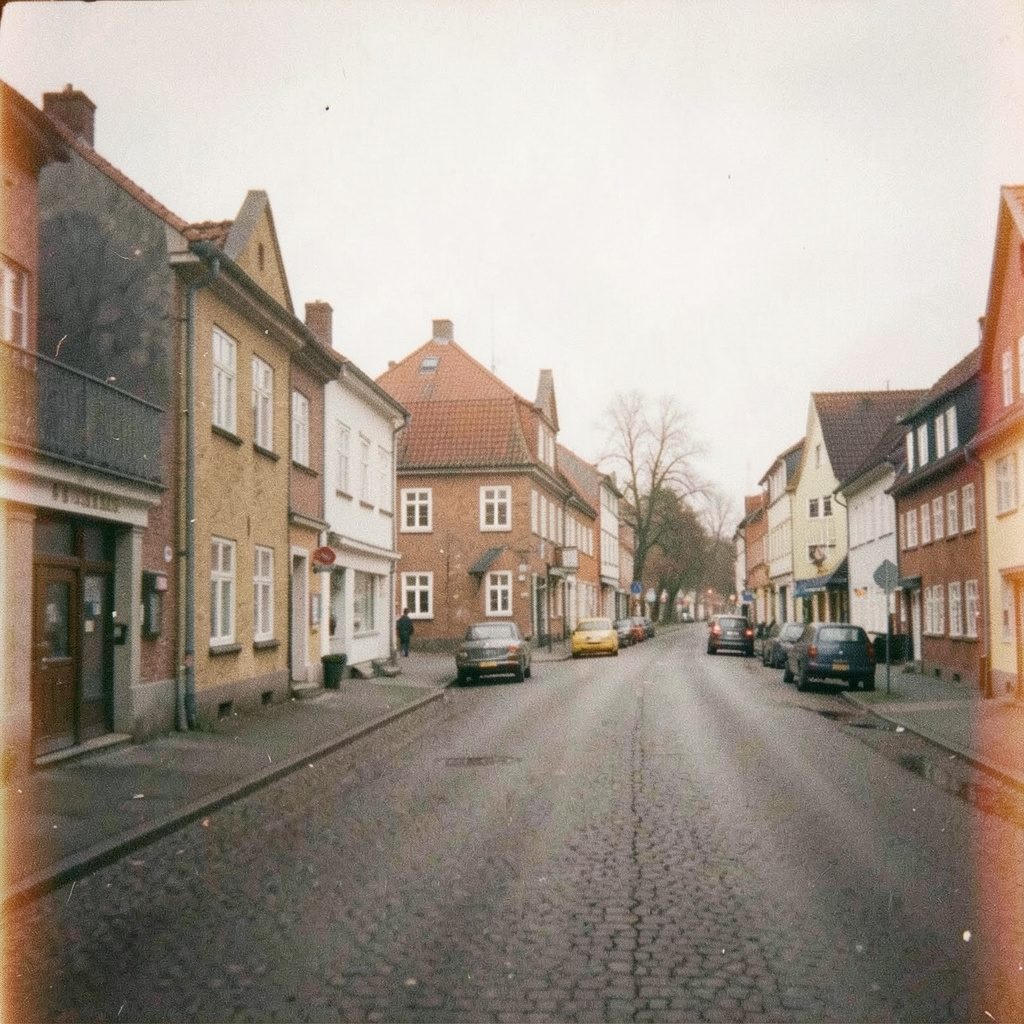A grainy analog film photograph of a quiet street in Umeå, Sweden, with soft northern light and muted cool tones